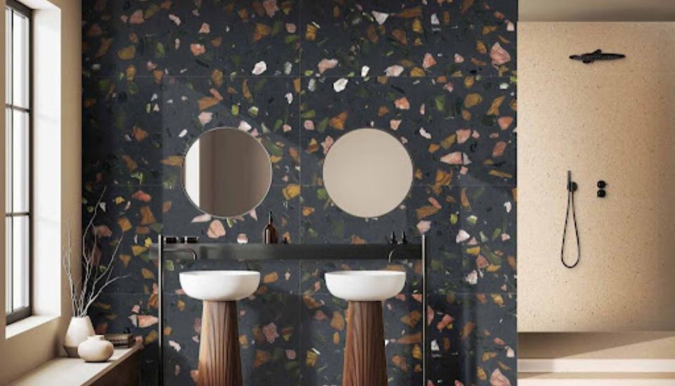 Contrast between bold statement tiles with vibrant patterns and classic natural materials like stone and wood showcasing timeless design appeal.