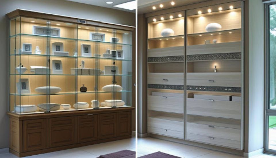 Modern interior comparison showing an open display cabinet styled with decorative objects next to sleek, built-in storage designed for functionality and minimalism.