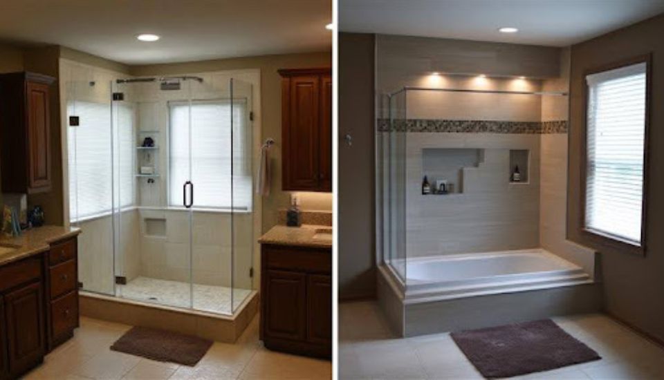 Bathroom comparison showing a minimalist open shower with seamless glass beside a fully waterproof engineered wet room featuring integrated drainage and tiling.