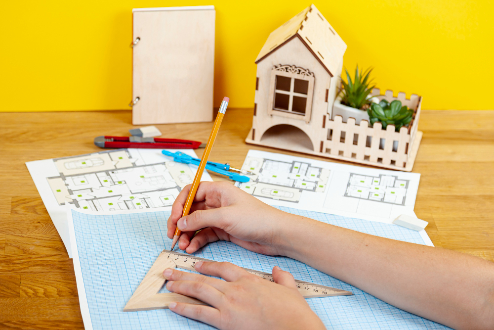Person drawing architectural house plans on graph paper with a model house and tools on a wooden desk.