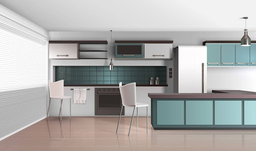 Modern kitchen with teal cabinets, white bar stools, tiled splashback, and contemporary pendant lighting